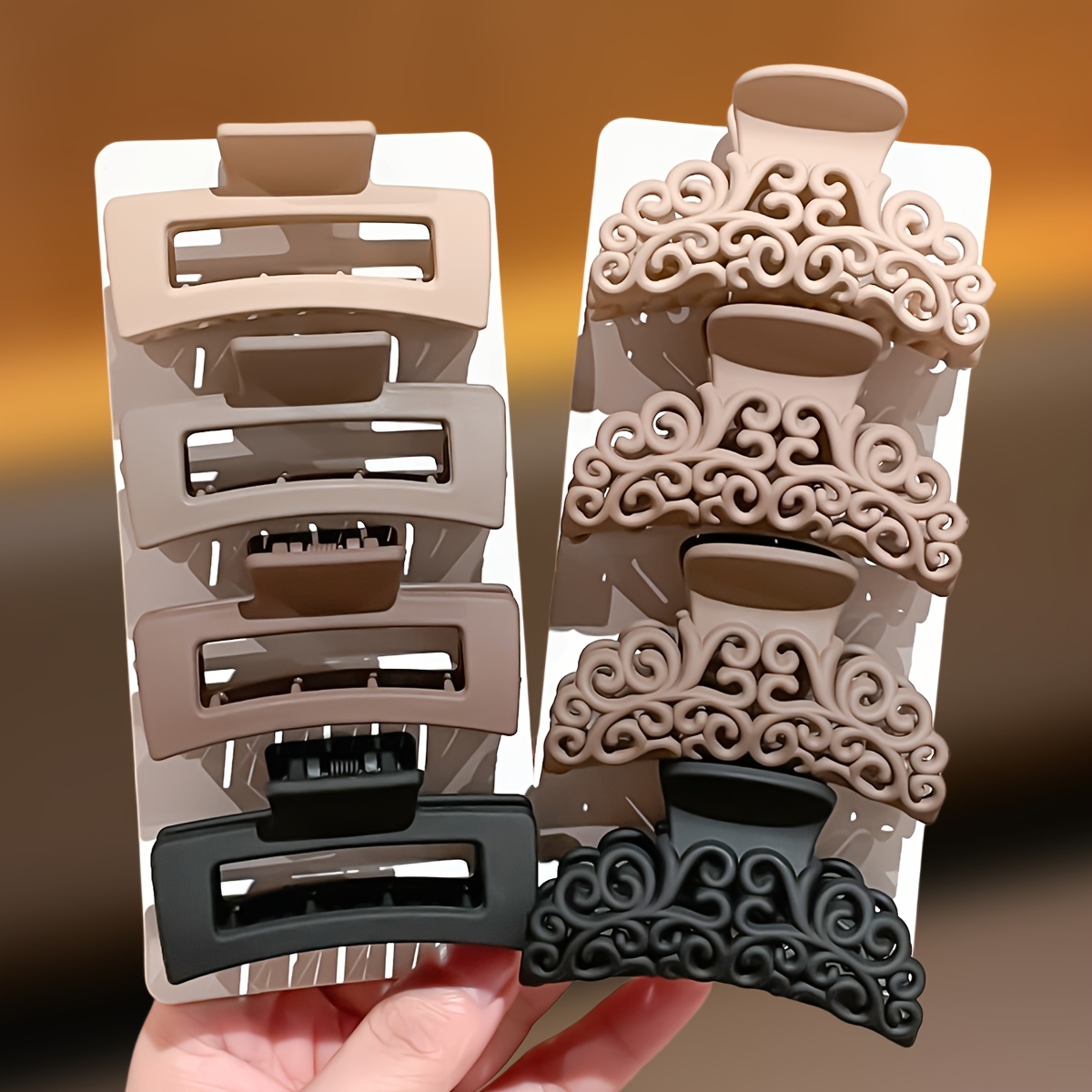 Hair Claw Clip Set - กิ๊บติดผมรูปฉลามลายสี่เหลี่ยมสำหรับผู้หญิง 8 ชิ้น, เครื่องประดับผมสำหรับผู้หญิง, กิ๊บติดผมขนาดกลางสีกาแฟและสีดำ, สไตล์วินเทจเรียบง่าย,