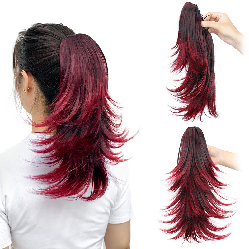 Hair Claw Clip Set - 14 นิ้วสังเคราะห์สั้น CURLY Layered ผมหางม้า EXTENSION