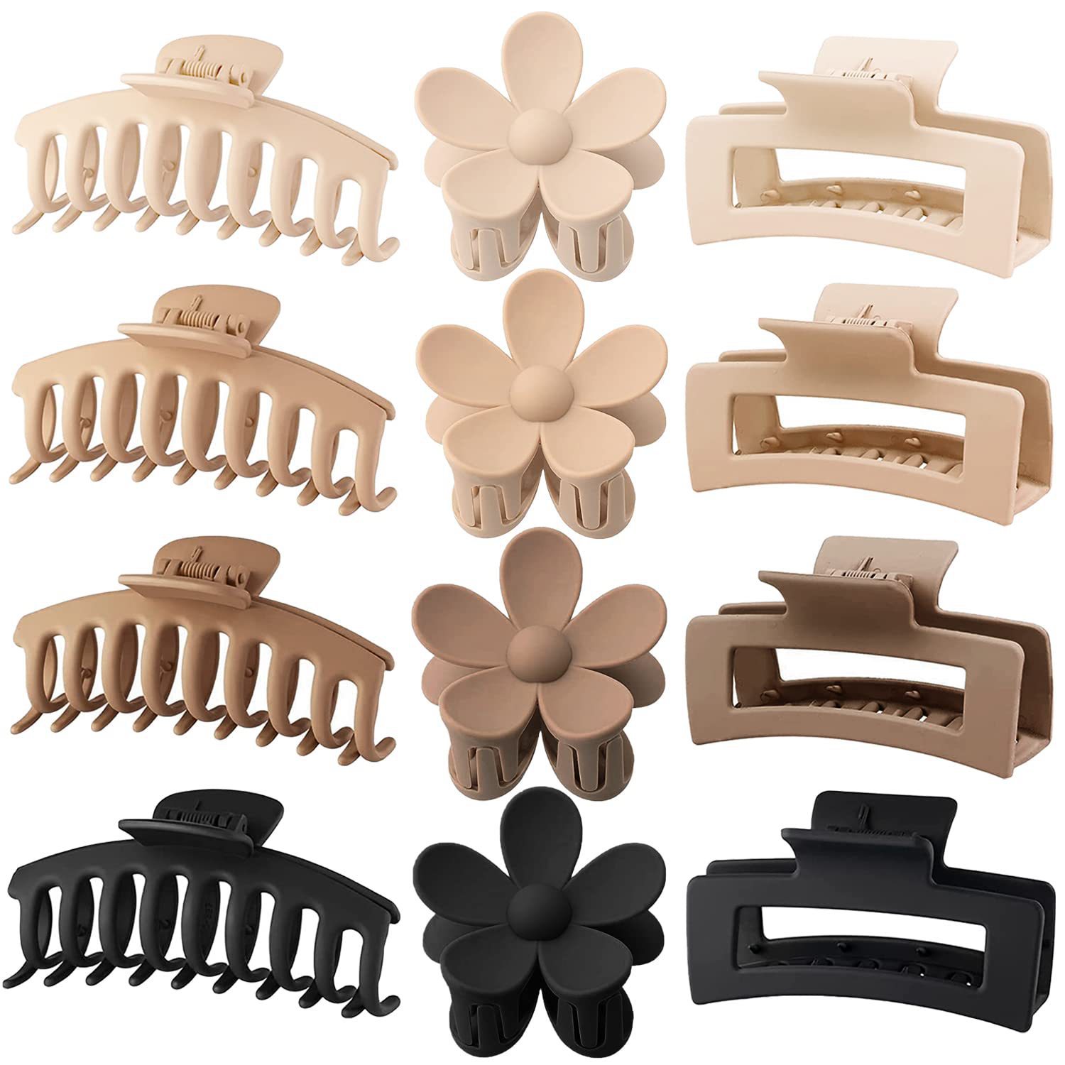 Hair Claw Clip Set - ชุดกิ๊บหนีบผมพลาสติกโทนสีกลาง 12 ชิ้น, กิ๊บหนีบผมขนาดใหญ่กันลื่น, เครื่องประดับผมแบบด้านสำหรับผู้หญิงสำหรับจัดแต่งทรงผมประจำวัน