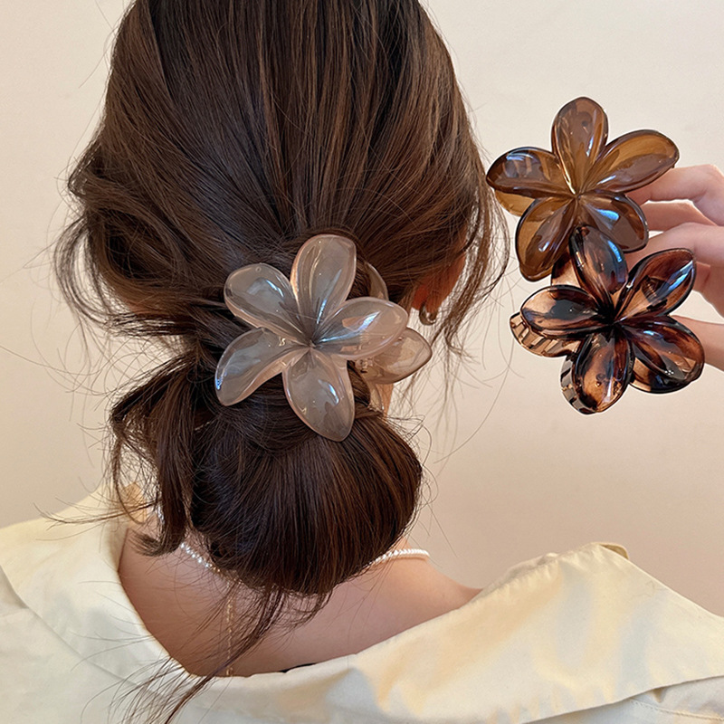 Hair Claw Clip Set - กิ๊บติดผมพลาสติกน้ำหนักเบา รูปทรงดอกไม้ สีน้ำตาลเบจ ขนาดใหญ่ 8 ซม.