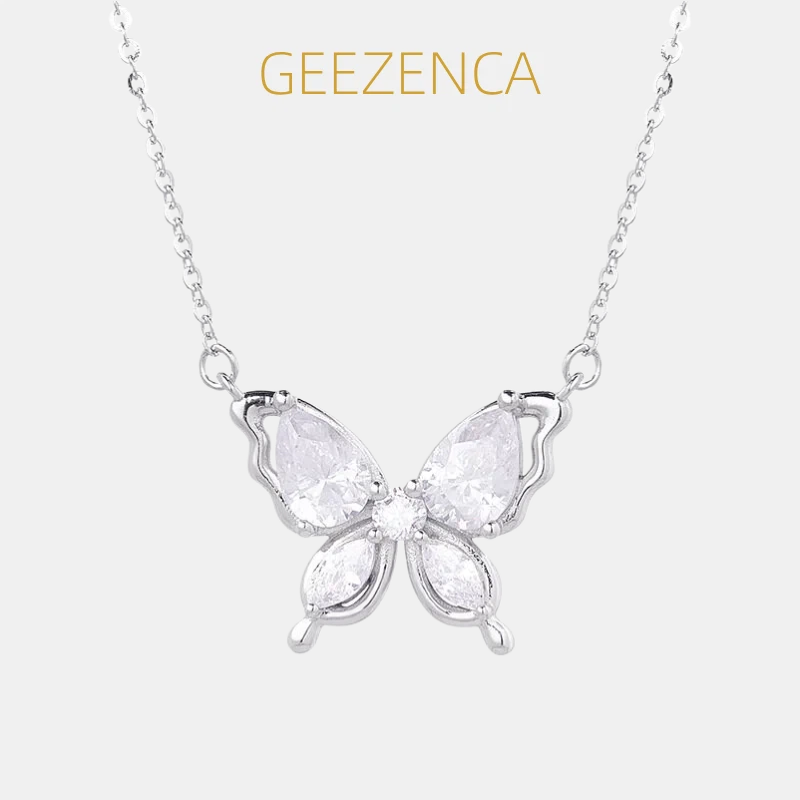 Charm Necklace Dainty - GEEZENCA 925 เงินสเตอร์ลิงคิวบิกเซอร์โคเนียโซ่บางสร้อยคอจี้รูปผีเสื้อขนาดใหญ่ผู้หญิงสร้อยคอประกายสวยงามของขวัญ
