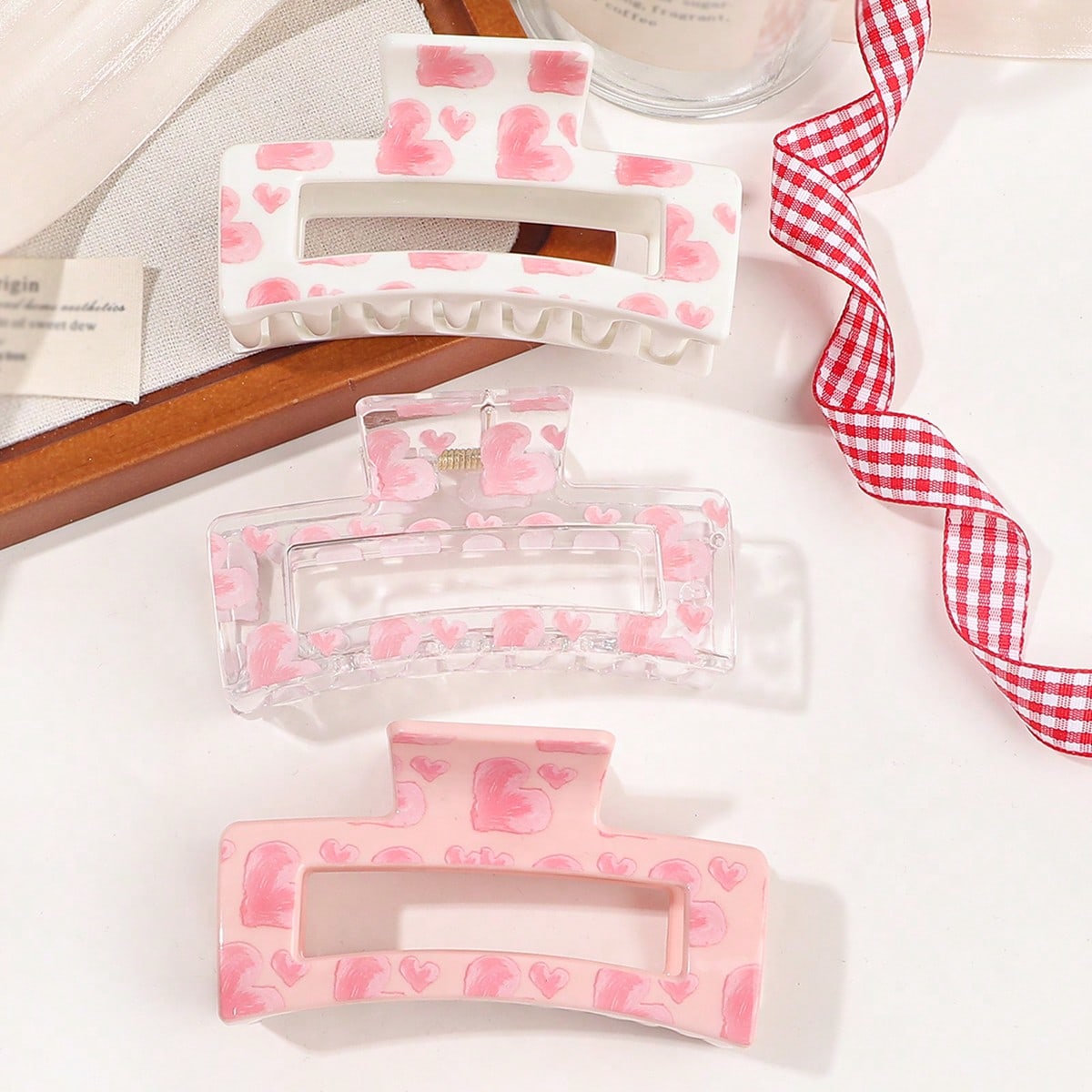 Hair Claw Clip Set - กิ๊บติดผมลายรักสีชมพู 3 ชิ้น สำหรับผู้หญิง ผมบาง ผมหนา