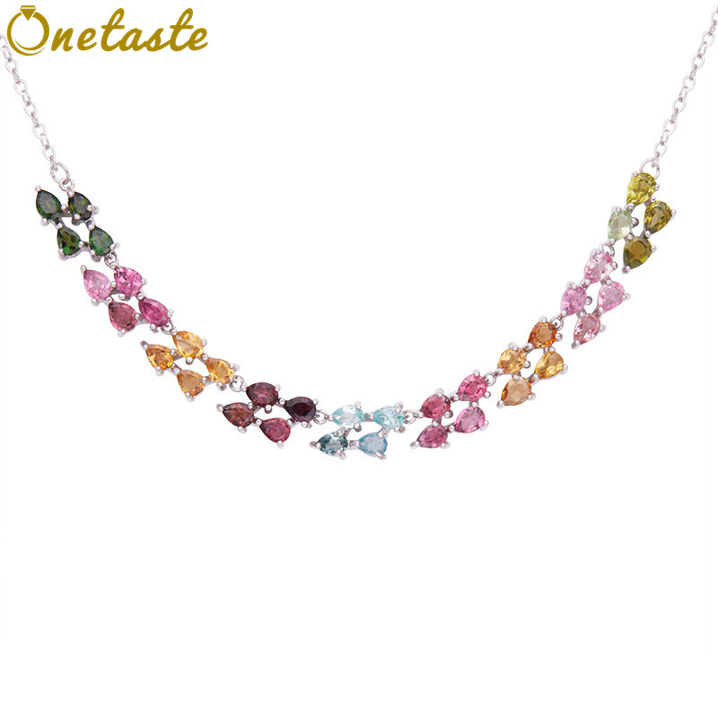 Charm Necklace Dainty - สร้อยคอเงินแท้ 925 ประดับพลอยทัวร์มาลีนสี ดีไซน์โค้งสองแถว สร้อยคอแฟชั่นสวยหรูสำหรับผู้หญิง สร้อยคอโชคเกอร์เงางาม